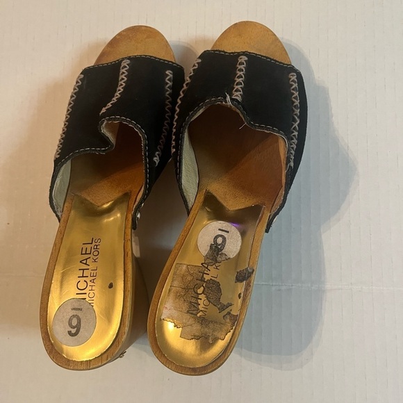Michael Michael Kors mules wood heels black suede white braid details gold studs - Picture 6 of 9
